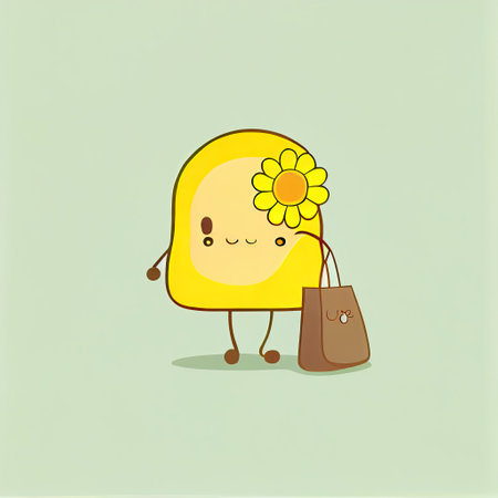 cute sun flower cartoon character with a bag, cartoon style, modern simple illustrationの写真素材