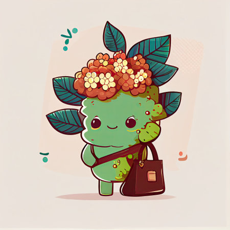 cute viburnum cartoon character with a bag, cartoon style, modern simple illustrationの写真素材