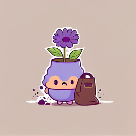 cute violet flower cartoon character with a bag, cartoon style, modern simple illustrationの写真素材