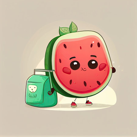 cute watermelon cartoon character with a bag, cartoon style, modern simple illustrationの写真素材