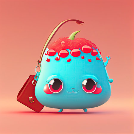 cute yumberry cartoon character with a bag, cartoon style, modern simple illustrationの写真素材