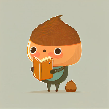 cute acorn cartoon character with a book in hands, cartoon style, modern simple illustrationの写真素材