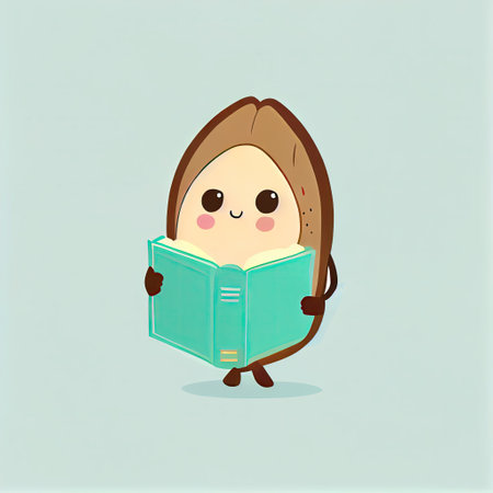 cute almond cartoon character with a book in hands, cartoon style, modern simple illustrationの写真素材