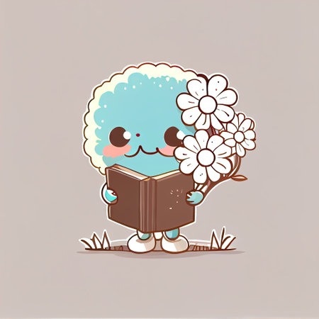 cute babybreath flower cartoon character with a book in hands, cartoon style, modern simple illustrationの写真素材