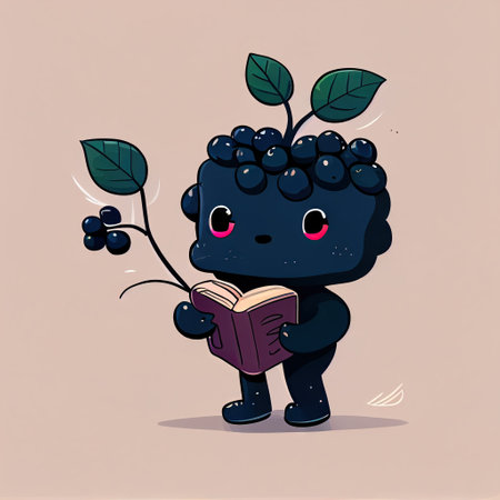 cute blackchokeberry cartoon character with a book in hands, cartoon style, modern simple illustrationの写真素材