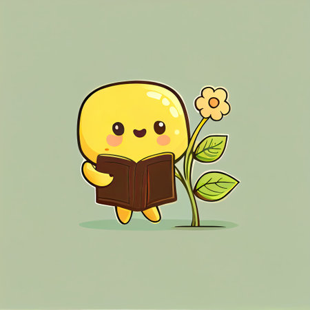 cute buttercup flower cartoon character with a book in hands, cartoon style, modern simple illustrationの写真素材