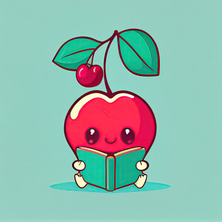 cute cherry cartoon character with a book in hands, cartoon style, modern simple illustrationの写真素材