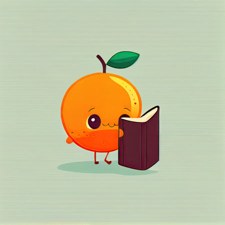 cute clementine cartoon character with a book in hands, cartoon style, modern simple illustrationの写真素材