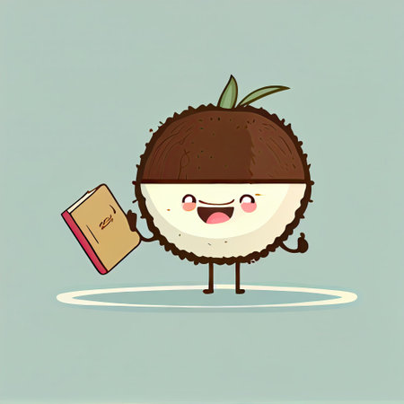 cute coconut cartoon character with a book in hands, cartoon style, modern simple illustrationの写真素材