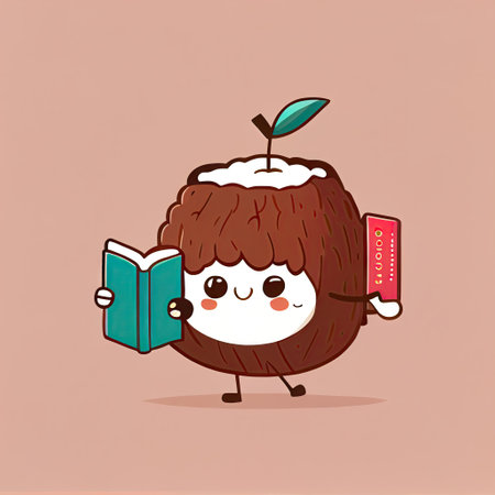 cute coconut cartoon character with a book in hands, cartoon style, modern simple illustrationの写真素材