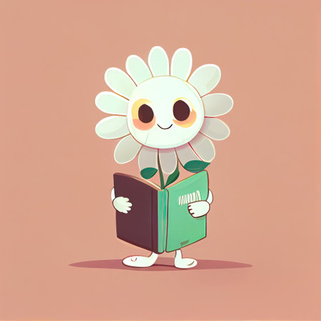 cute daisy flower cartoon character with a book in hands, cartoon style, modern simple illustrationの写真素材