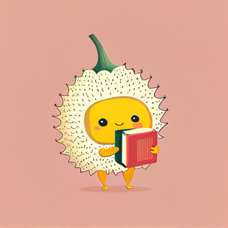 cute durian cartoon character with a book in hands, cartoon style, modern simple illustrationの写真素材
