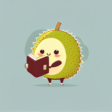 cute durian cartoon character with a book in hands, cartoon style, modern simple illustrationの写真素材