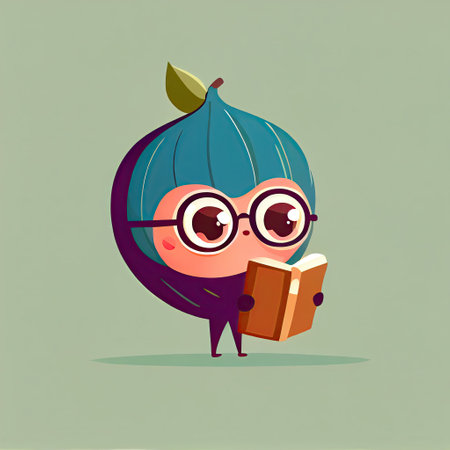 cute fig cartoon character with a book in hands, cartoon style, modern simple illustrationの写真素材
