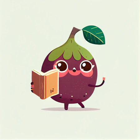 cute fig cartoon character with a book in hands, cartoon style, modern simple illustrationの写真素材