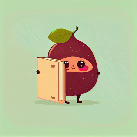 cute fig cartoon character with a book in hands, cartoon style, modern simple illustrationの写真素材