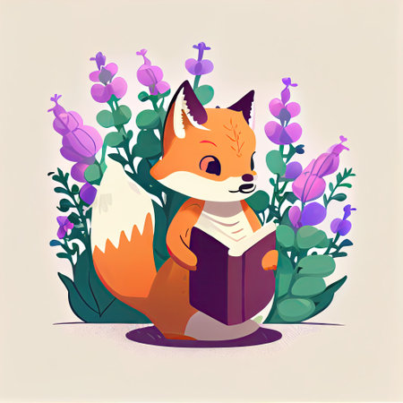 cute foxglove flower cartoon character with a book in hands, cartoon style, modern simple illustrationの写真素材