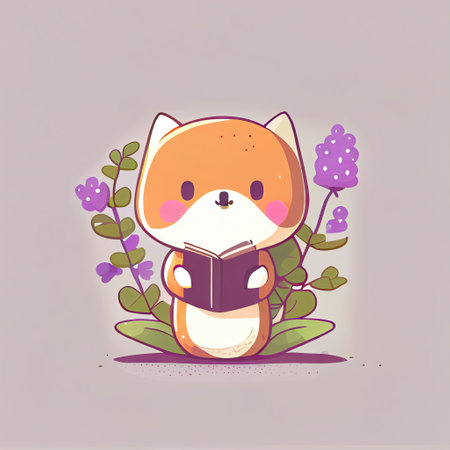 cute foxglove flower cartoon character with a book in hands, cartoon style, modern simple illustrationの写真素材