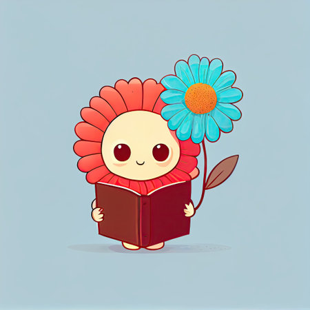 cute gerbera flower cartoon character with a book in hands, cartoon style, modern simple illustrationの写真素材