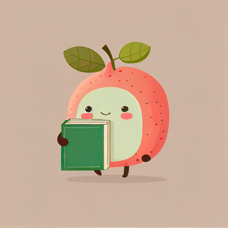 cute guava cartoon character with a book in hands, cartoon style, modern simple illustrationの写真素材