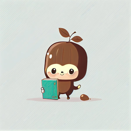 cute hazelnut cartoon character with a book in hands, cartoon style, modern simple illustrationの写真素材