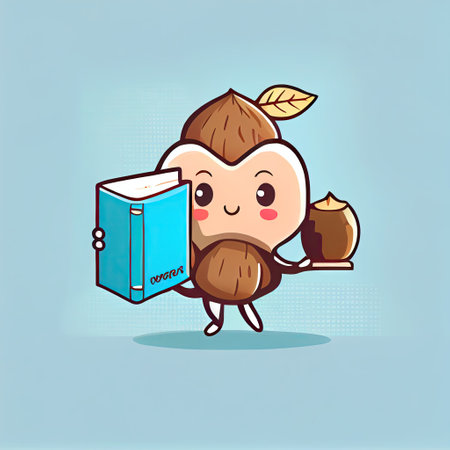 cute hazelnut cartoon character with a book in hands, cartoon style, modern simple illustrationの写真素材