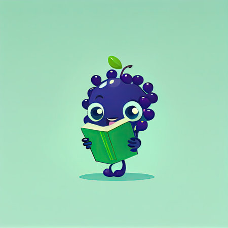 cute huckleberry cartoon character with a book in hands, cartoon style, modern simple illustrationの写真素材