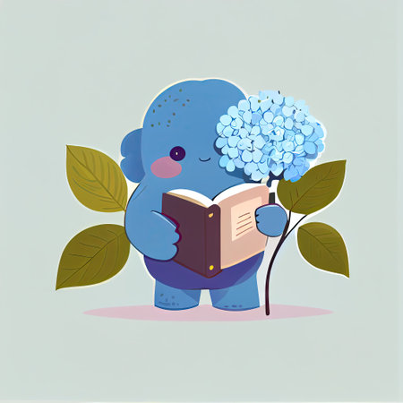 cute hydrangea flower cartoon character with a book in hands, cartoon style, modern simple illustrationの写真素材