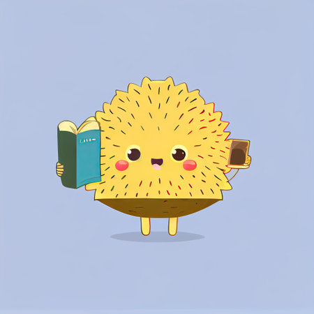 cute jackfruit cartoon character with a book in hands, cartoon style, modern simple illustrationの写真素材