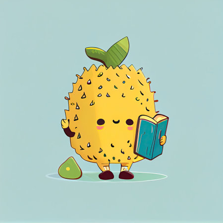 cute jackfruit cartoon character with a book in hands, cartoon style, modern simple illustrationの写真素材