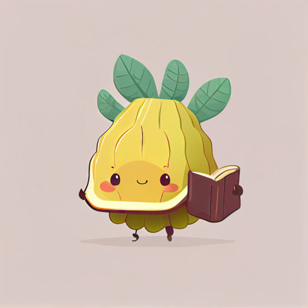 cute jackfruit cartoon character with a book in hands, cartoon style, modern simple illustrationの写真素材