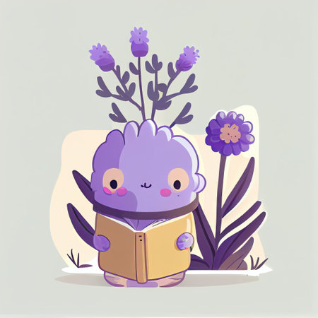 cute lavender flower cartoon character with a book in hands, cartoon style, modern simple illustrationの写真素材