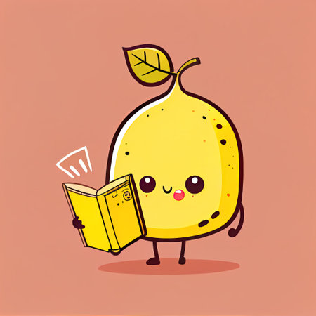 cute lemon cartoon character with a book in hands, cartoon style, modern simple illustrationの写真素材