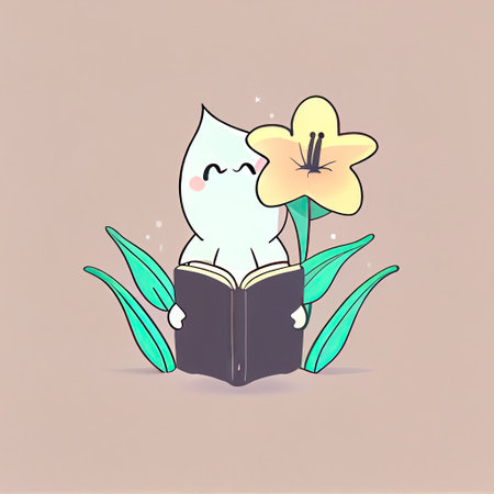 cute lily flower cartoon character with a book in hands, cartoon style, modern simple illustrationの写真素材