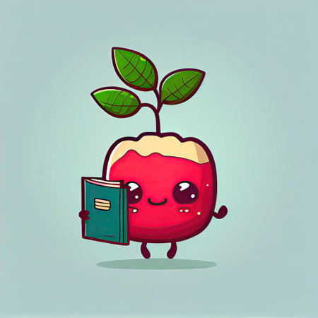 cute lingonberry cartoon character with a book in hands, cartoon style, modern simple illustrationの写真素材
