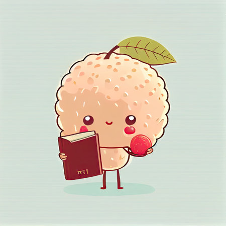 cute lychee cartoon character with a book in hands, cartoon style, modern simple illustrationの写真素材