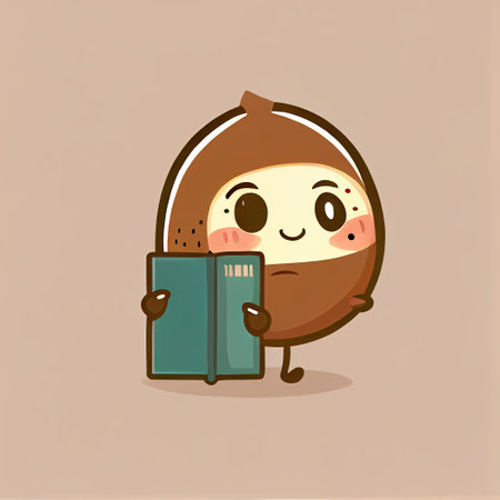 cute nutmeg cartoon character with a book in hands, cartoon style, modern simple illustrationの写真素材