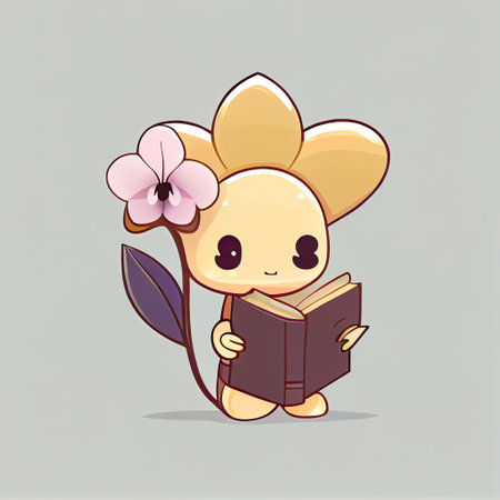 cute orchid flower cartoon character with a book in hands, cartoon style, modern simple illustrationの写真素材