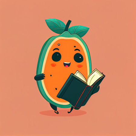 cute papaya cartoon character with a book in hands, cartoon style, modern simple illustrationの写真素材