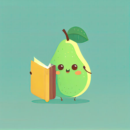 cute pear cartoon character with a book in hands, cartoon style, modern simple illustrationの写真素材