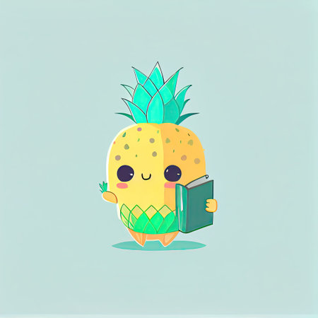 cute pineapple cartoon character with a book in hands, cartoon style, modern simple illustrationの写真素材