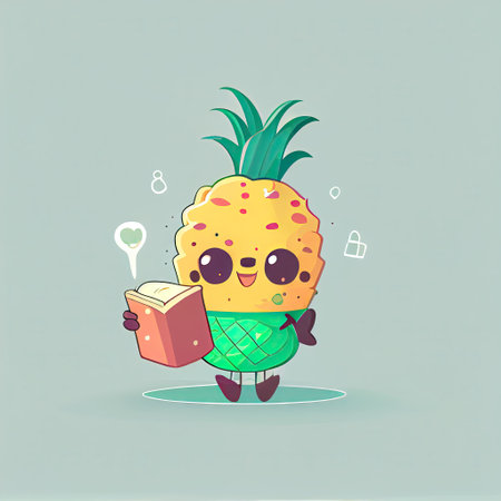 cute pineapple cartoon character with a book in hands, cartoon style, modern simple illustrationの写真素材