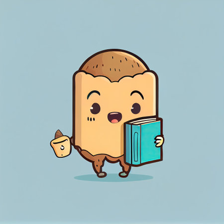 cute pinenut cartoon character with a book in hands, cartoon style, modern simple illustrationの写真素材