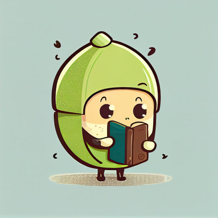 cute pistachio cartoon character with a book in hands, cartoon style, modern simple illustrationの写真素材