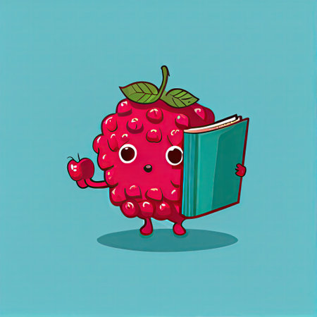 cute raspberry cartoon character with a book in hands, cartoon style, modern simple illustrationの写真素材