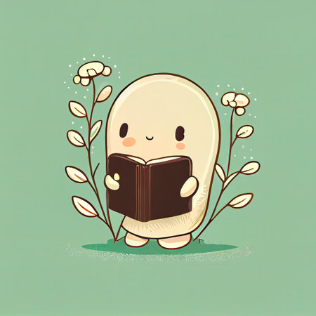 cute snowdrop flower cartoon character with a book in hands, cartoon style, modern simple illustrationの写真素材