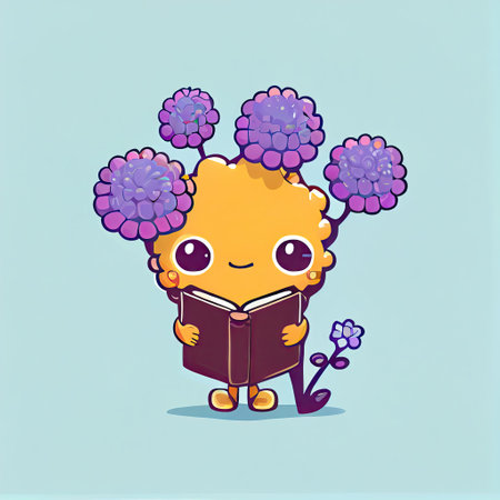 cute statice flower cartoon character with a book in hands, cartoon style, modern simple illustrationの写真素材