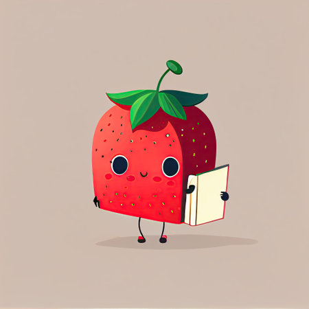 cute strawberry cartoon character with a book in hands, cartoon style, modern simple illustrationの写真素材