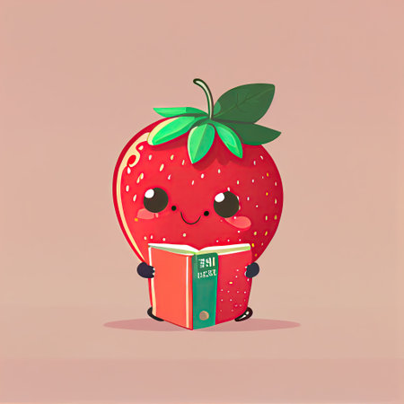 cute strawberry cartoon character with a book in hands, cartoon style, modern simple illustrationの写真素材