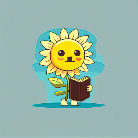 cute sun flower cartoon character with a book in hands, cartoon style, modern simple illustrationの写真素材